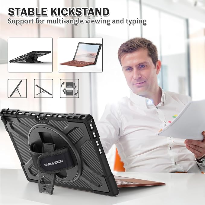 BRAECNstock Case for Microsoft Surface Pro 7+ Plus/7/6/5/4 12.3 - Black | Shockproof Case with 360° StandHand Strap &amp Pencil Holder | Type Cover keyboard CompatibleBusiness Friendly