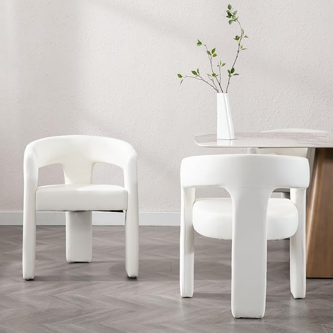 Set of 6 Modern PU Leather Upholstered Dining Chairs with Open-Back, Cute Barrel Side Chairs Kitchen Armchair Accent Chairs for Dining Room Bedroom, White
