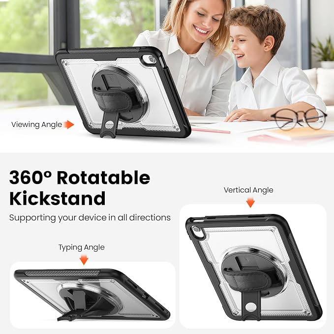 Case for iPad (A16) 11th/10th Generation 11''/10.9'' 2025/2022: Shockproof Protective Case with Hand/Shoulder Strap Pencil Holder Rotate Stand Screen Protector Black