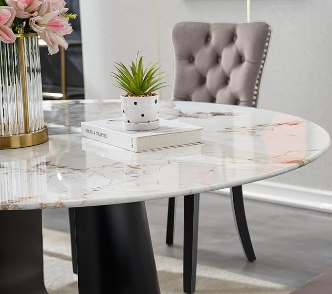 3-Piece Faux Marble Round Dining Table Set for 2, Modern Luxury Kitchen Table Set for 2 with Beige Tufted Chairs,Circle Dining Tables with Pandora Grain Top and Black Pedestal Base