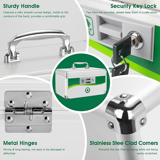 Medicine Lock Box with Keys, Medication Storage Lock Box, (Size-Medium 12 * 7 * 7.1inch) First Aid Safe Layered Aluminum Daily Medicine Lockable Box with Key