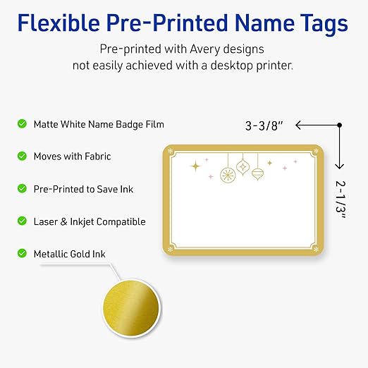 Avery Printable Christmas Adhesive Name Badges, Rectangle, 2-1/3" x 3-3/8", Pre-Printed Metallic Gold Hanging Ornaments Design, Matte White, Laser & Inkjet Compatible, 80 Total