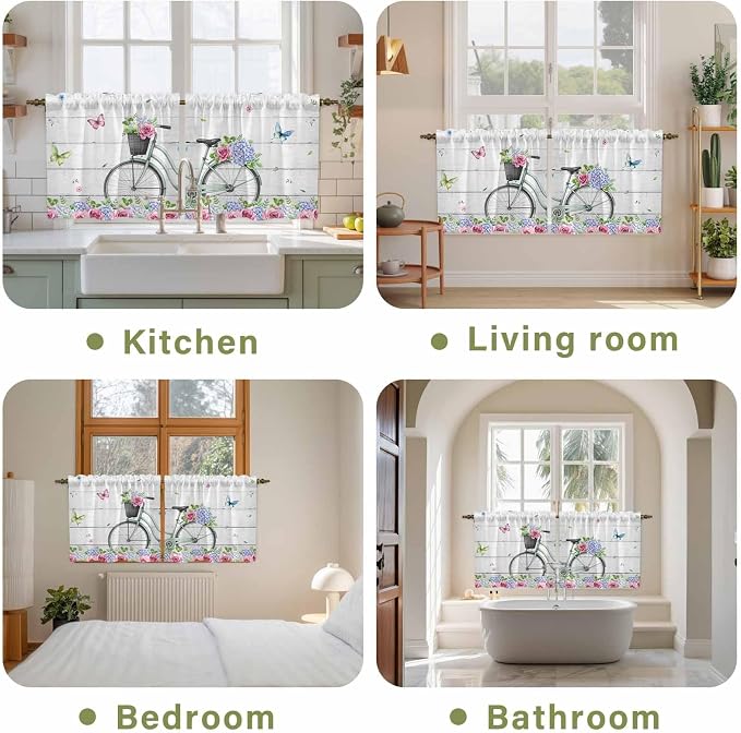 Spring Tier Curtains, Bicycles Botanical Rose Leaves Butterfly Wood Grain Light