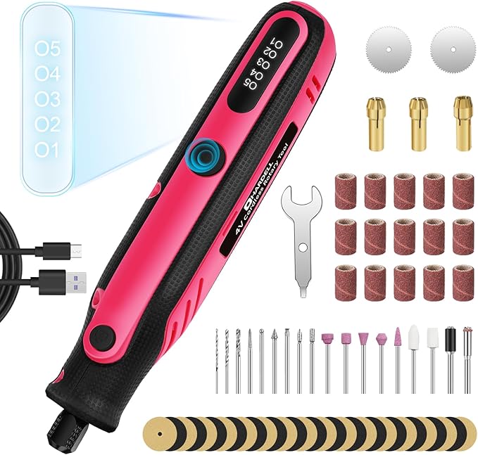 HARDELL Mini Cordless Rotary Tool, 5-Speed Rotary Tool Kit with 69 Accessories, 4V Power Rotary Tool for Cutting, Engraving, Sanding, Drilling, Polishing, Small Wood Carving tool or DIY Crafts（Pink)