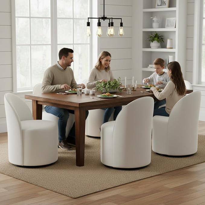 Modern Barrel Dining Chairs Set of 6, Swivel Base White Accent Chair 360°Rotating Vanity Chair Mid-Century Dining Side Chair Kitchen Chair for Living Room, Bedroom, Home, Office, Kitchen