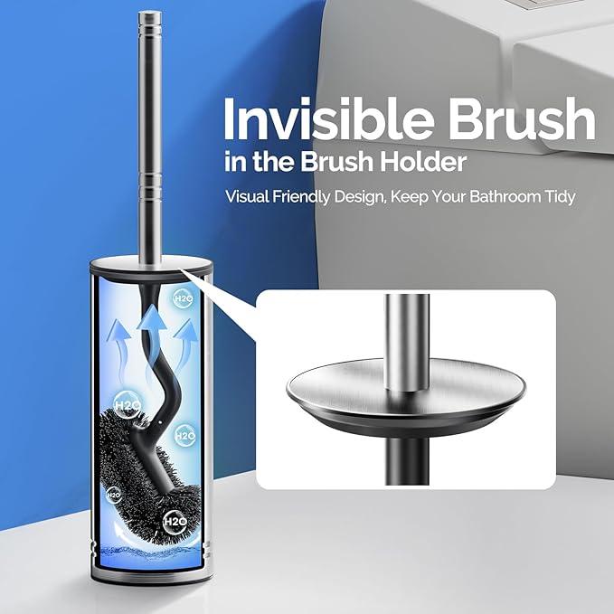 HAMITOR Toilet Brush and Holder Set：Stainless Steel Deep Clean Bathroom