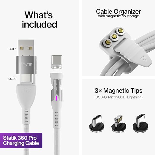 Statik 360 Pro Magnetic Charging Cable - Type C Charger Fast Charging 3 in 1 USB C to USB C Cable Micro USB &amp iProduct Tips USB A Adapter Fits All Devices - 100W Fast Charger Black 10FT/3M