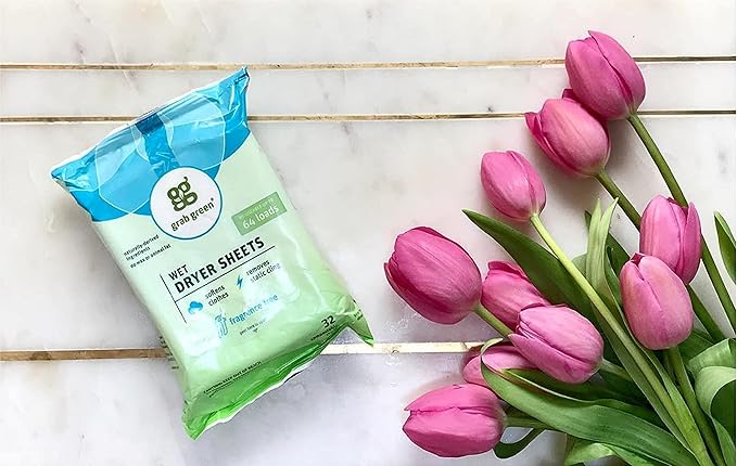 Grab Green Wet Dryer Sheets, 96 Count, Fragrance Free, Plant Based, Softens Fabrics, Reduces Static Cling and Wrinkles