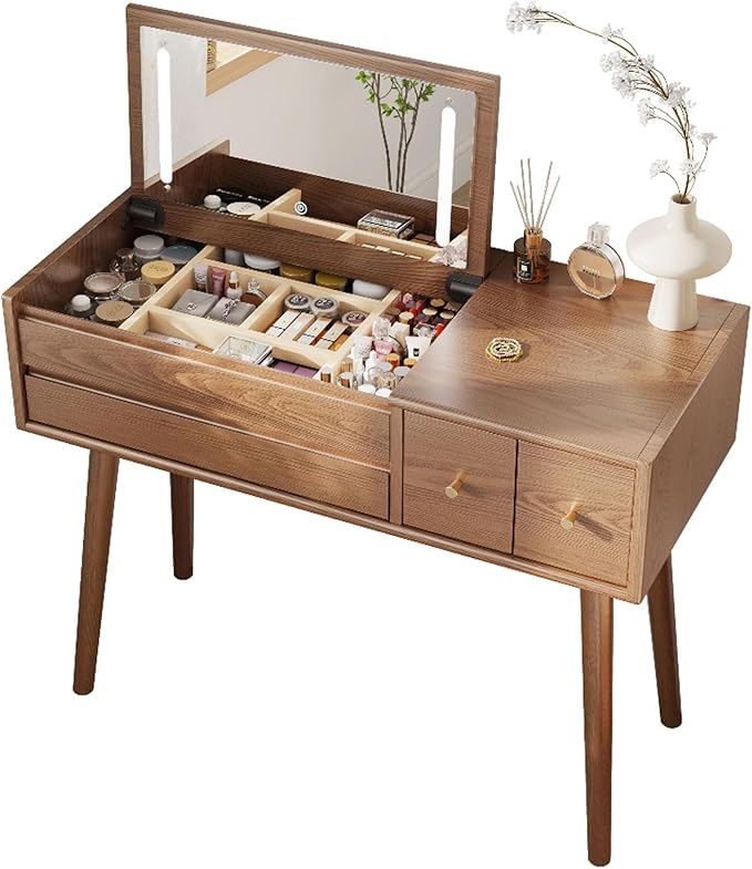 KungFuWood Makeup Vanity Desk with 3 Lighting Modes, Solid Wood Vanity Desk with Mirror Dressing Table Set 4 Drawers,Space-Saving Vanity for bedrooms(walunt)