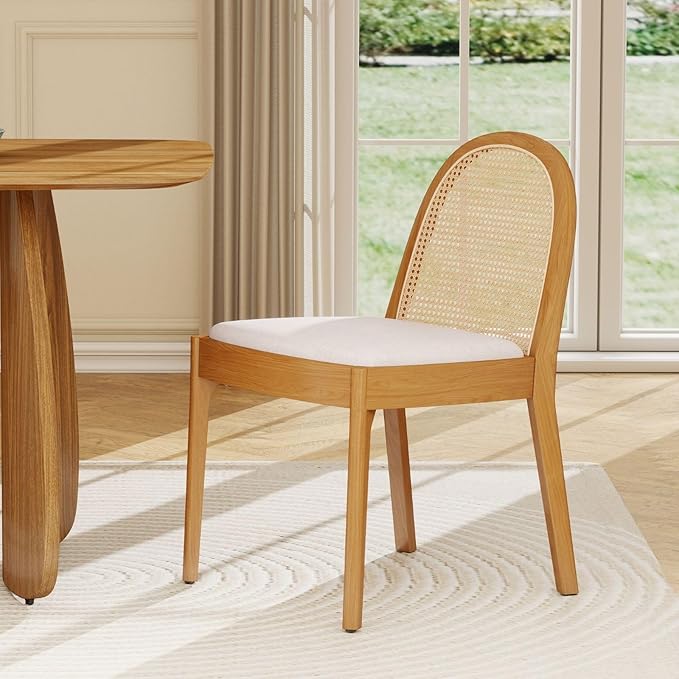 LukeAlon Modern Linen Dining Chairs Set of 6, Natural Woven Rattan Cane Back Side Chairs with Solid Wood Legs Mid Century Dinner Chairs for Kitchen Living Room, Beige