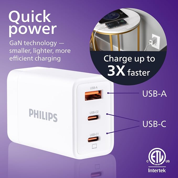 Philips iPhone Charger Fast Charging 65W USB C Charger 3-Port GaN USB C | Charger Block with USB A and USB C Foldable Fast Wall Charger for iPhone 16 Series 15 Series iPad Pro White DLP3653W/37