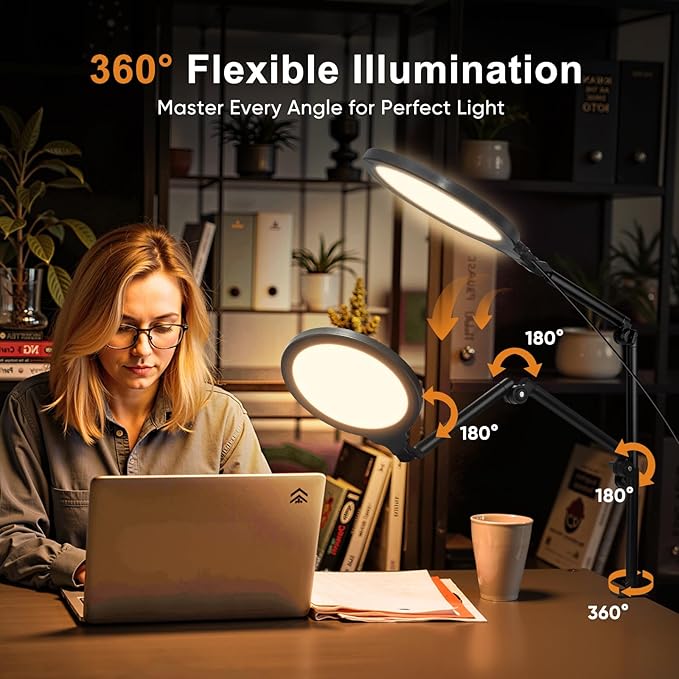 Desk Ring Light, 10" LED Ring Light for Desk with Clamp, 360°Rotate & Flexible Height Full-Screen Overhead Ringlight for Video Recording, TikTok, YouTube, Live Streaming, Content Creation, Black