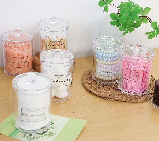 4 Pack Acrylic Qtip Holder Dispenser,Canisters Apothecary Jar Set, Vanity Makeup Bathroom Organizers and Storage Set, 10 and 12 oz