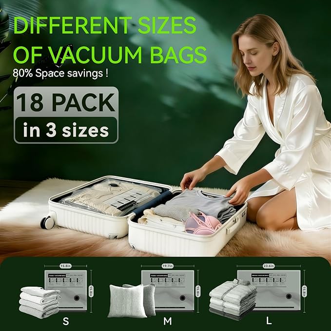 Vacuum Bags for Travel - USB Electric Pump, 18 Pack Carry-on Size Vacuum Seal Bags for Clothing - Space Saver Vacuum Storage Bags for Luggage, Travel Essentials.