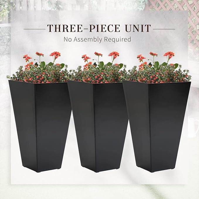 Outsunny Tall Planters for Outdoor Plants Set of 3, 28 in Taper Planters with Drainage Holes, Indoor Grande Plant Pots, Front Porch Decor (Black)
