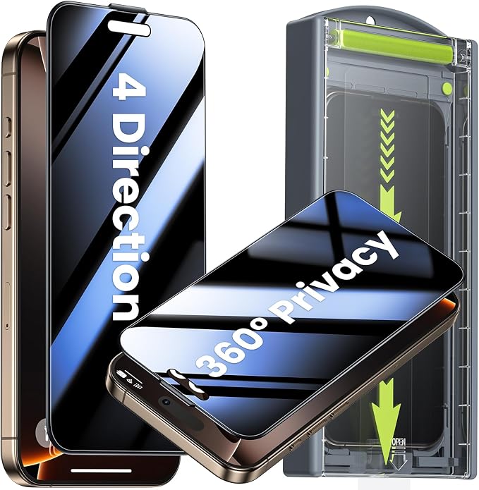WSKEN for iPhone 16 Pro / 17 Privacy Screen Protector - 4 Way 360 Anti Spy | Auto Dust-Remove Zero Bubble 4 Directions Anti Peep Shatterproof Tempered Glass for 16 Pro / 17 2 Pack