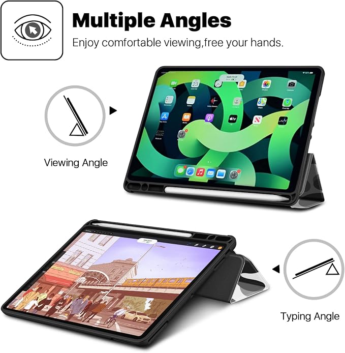 TNP Cover Case for iPad Air 11 Inch M2 6th 2024 5th 4th Generation(2022 2020) - 10.9 Almond Blossom Case with Pencil Holder for 2nd Gen Apple Pencil - Protective Cover with Trifold Stand