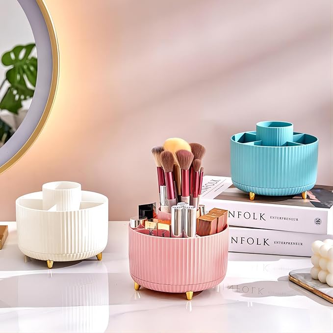 DASITON Large Capacity Makeup Brush Holder,360° Rotating Makeup Organizer,5 Slot Makeup Brushes Cup,for Vanity Decor,Bathroom Countertops,Desk Storage Container,Cosmetic Display cases(Pink)