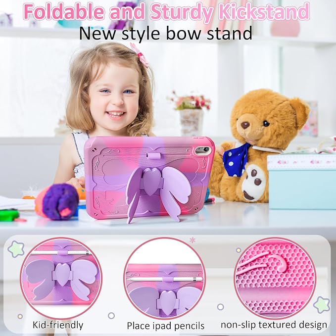 for iPad 10th Case 10.9 Inch for iPad A16 Case for Kids Girls Purple Pink | Built in Pencil Holder Stand Durable Rugged Heavy Duty Shockproof Protective Cover for iPad 10th Generation with Strap