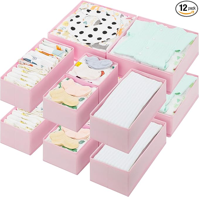 GRANNY SAYS Drawer Organizer Clothes, 12 Pack Dresser Organizer Bins for Nursery, Closet Organization and Storage Dividers for Clothing, Baby Clothes, Underwears, Pink