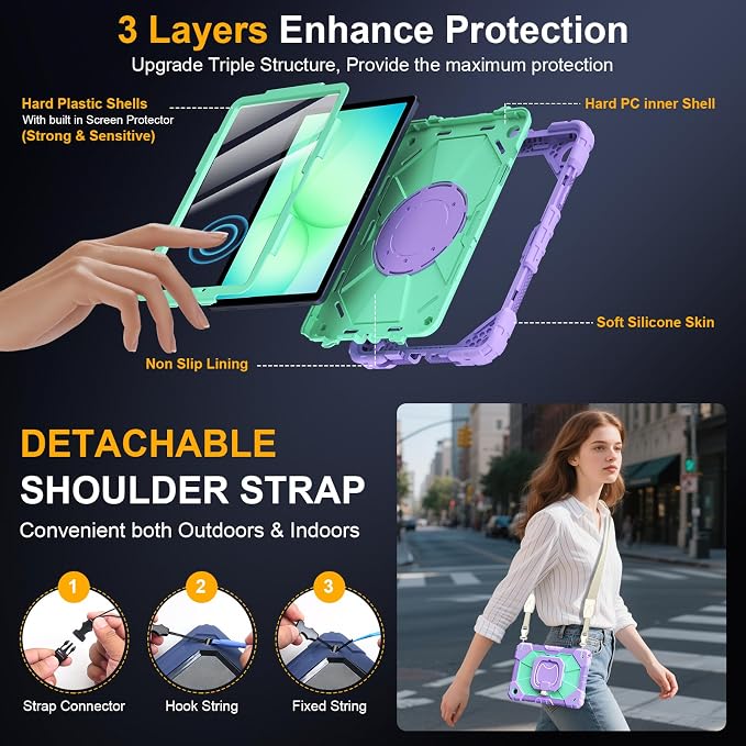 Case for Samsung Galaxy Tab A9 Plus 11 Inch 2023 Ubearkk Rugged Case for Samsung Galaxy A9+ Tablet SM-X210/X216/X218 with Screen Protector 360 Rotating Stand Shoulder Strap Pen Holder Black
