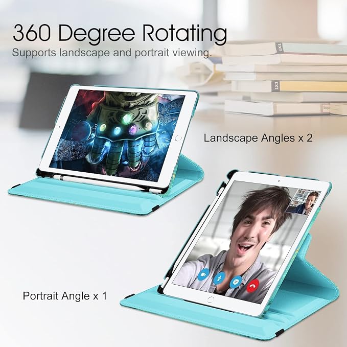 Fintie 360° Rotating Case for iPad 9th / 8th / 7th Generation 10.2 Inch | Swivel Stand Portrait &amp Landscape Viewing Shockproof Cover with Pencil Holder Auto Wake/Sleep Aqua Wave