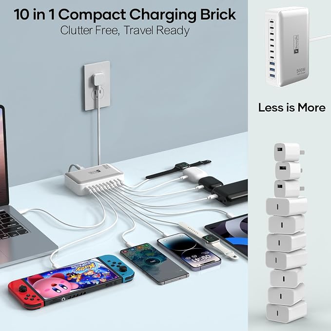 8-Port Multi Charging Stations 200W with Flat Plug Braided Power Cord and On/Off Switch- USB Charging Hub for iPhone iPad MacBook and More- 65W C Port Power Adapter for Laptops