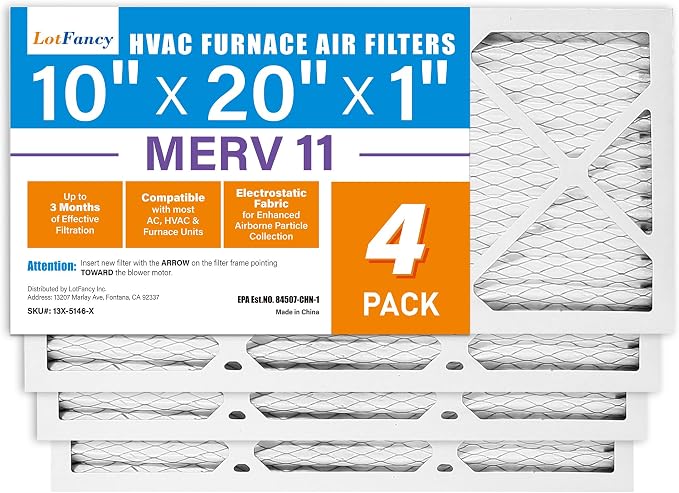 LotFancy 10x20x1 Air Filter MERV 11 4-Pack, Electrostatic Pleated AC Furnace