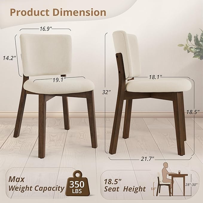 LUE BONA Wooden Dining Chairs Set of 6, Comfortable Wide Back Kitchen Side Chairs, Strong Thick Legs for Modern Farmhouse Dining Room, Linen Upholstered and Dark Brown Legs
