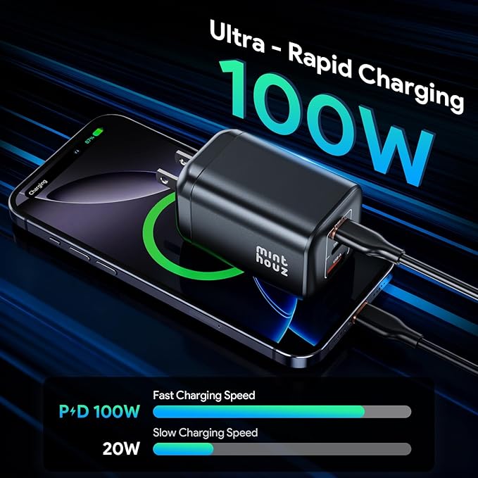 Minthouz 100W GaN Charger, 3-Port PD3.0 Fast Charging Station with Type-C & USB-A, Foldable Charger Block with 3.94FT Cable for MacBook Pro/Air, iPhone 17 16 15, Galaxy S24/S23, Pixel 8 and More