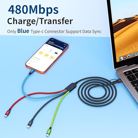 4 in 1 Multi Charging Cable 2 Pack 6FT Charging Cords for Devices | Nylon Braided USB C Car Charger Cable with Dual USB-C IP &amp Micro Ports Long Travel Charging Cord for Cars