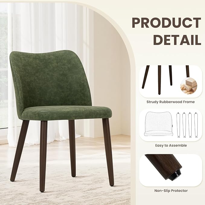 Wooden Dining Chairs Set of 2, Upholstered Kitchen Dining Room Chair, Modern Farmhouse Dinner Chair for Restaurant & Cafe, Green