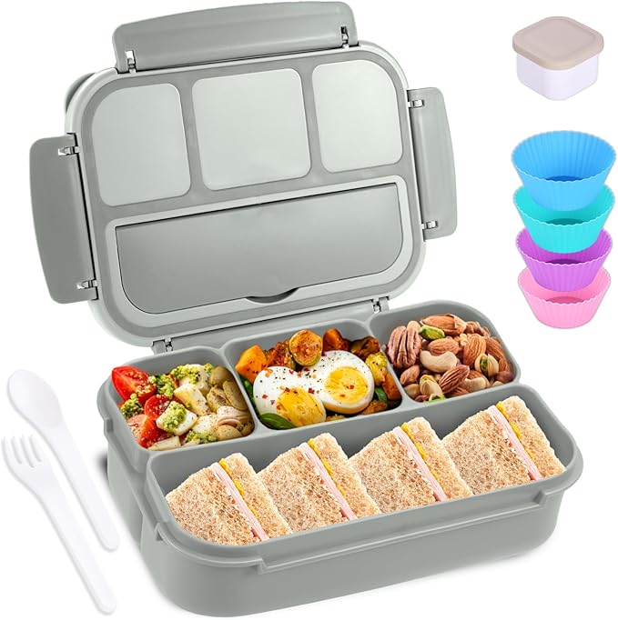 Bento Box Adult Lunch Box, Lunch Containers for Kids Girls Boys with 4 Compartments, Lunchable Food Container with Utensils, Sauce Jar, Muffin Liners, 40 Oz/5 Cup, Microwave & Dishwasher Safe, Gray