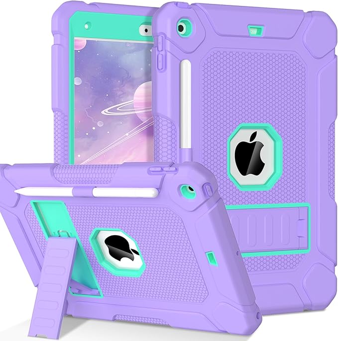 LTROP Case for iPad 10.2-Inch 9th/ 8th/ 7th Generation (2021/2020/ 2019) with Pencil Holder &amp Kickstand Hybrid Shockproof Rugged Protective Case for iPad 9/8/ 7 Gen 10.2 Purple and Green