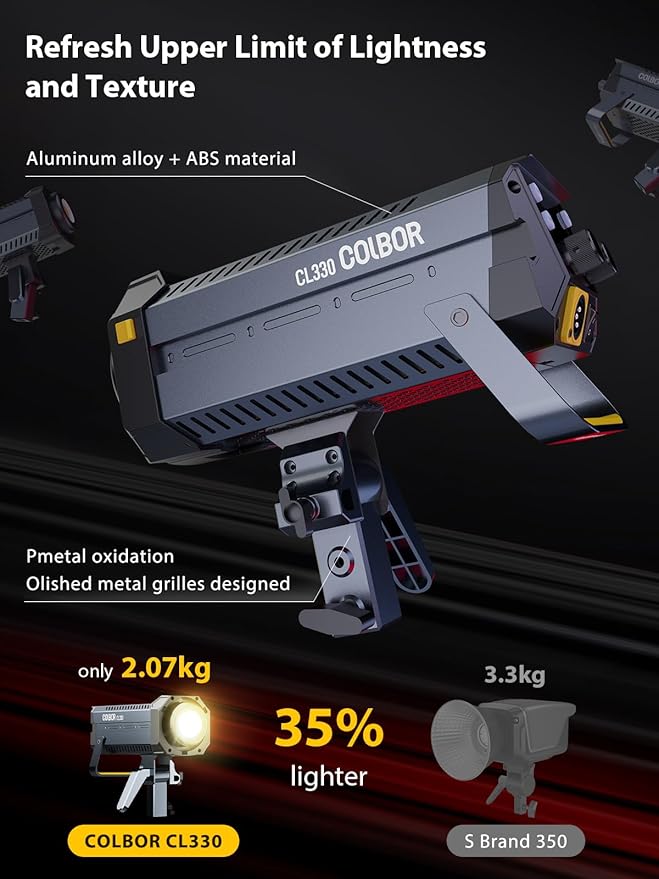 Video Light, COLBOR CL330 Lite 330W Continuous Lighting 2700-6500K Bi-Color CRI96+ 12,400Lux@3.3ft COB Studio Light Professional with 10 Light Effects【Carrying Bag and Reflector NOT Included】