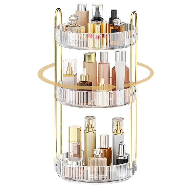 MOKANI 360 Rotating Makeup Organizer for Vanity, 3 Tier Adjustable Perfume Organizer for Dresser, Multi-Function Spinning Cosmetics Skincare Storage for Bedroom, Dresser, Countertop, Clear