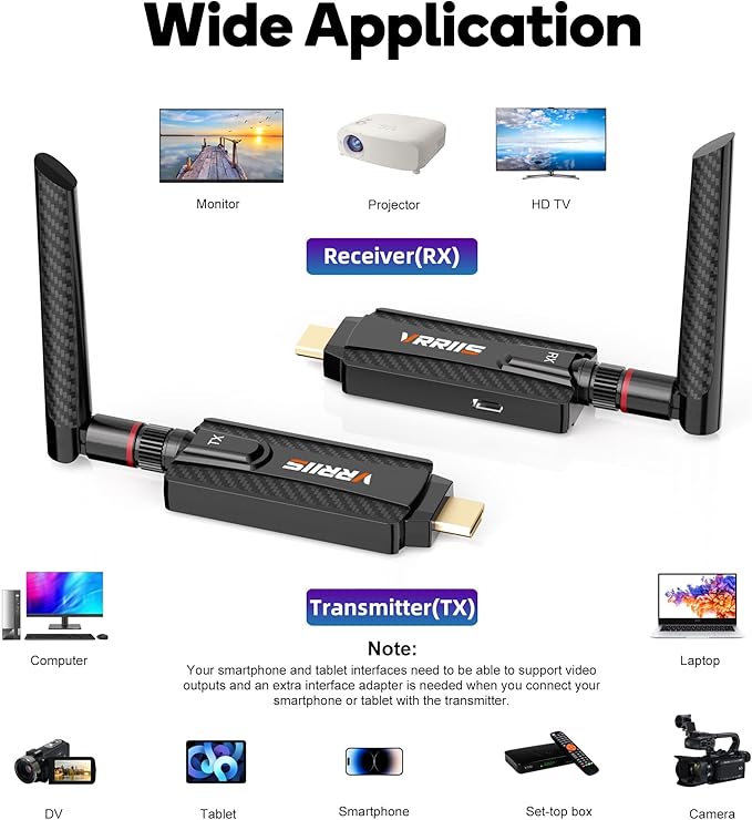 Vrriis Wireless HDMI Transmitter and Receiver,Plug and Play,1080P Wireless HDMI Extender Kit Support 2.4GHz and 5GHz for Streaming Video from Laptop,Pc,TV Box to Monitor,TV,Projector