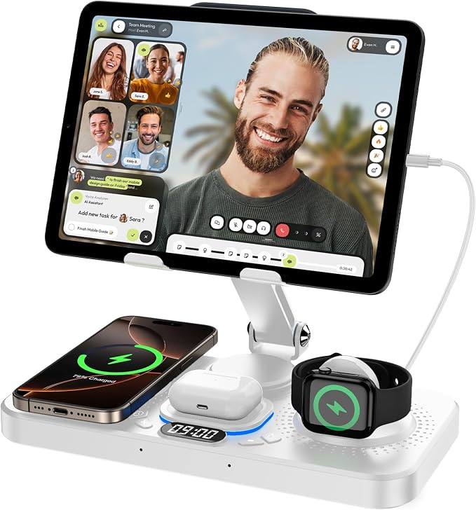 6 in 1 Wireless Charger for Apple Device 30W Foldable Wired Charging for ipad with Clock &amp 7 Color Ambient Light Nightstand Charger Station for iPhone 17