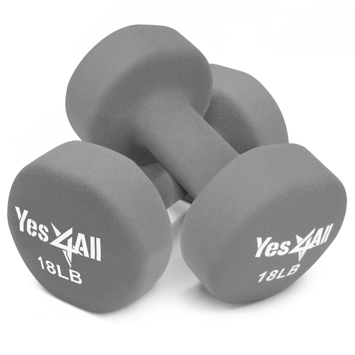 Yes4All Neoprene Coated Dumbbell Hand Weight Sets of 2 - Multiple Weight Options with 15 Colors, Anti-roll, Anti-Slip, Hexagon Shape, Grey, 18 lb Pair