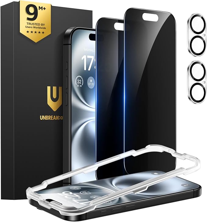 UNBREAKcable iPhone 15 Privacy Screen Protector 2-Pack Upgraded Dual-Tempered Glass + 2 Camera Lens Protectors 25° Anti-Spy Military-Grade 9H+ HD Clear Anti-Fingerprint 6.1 Inch
