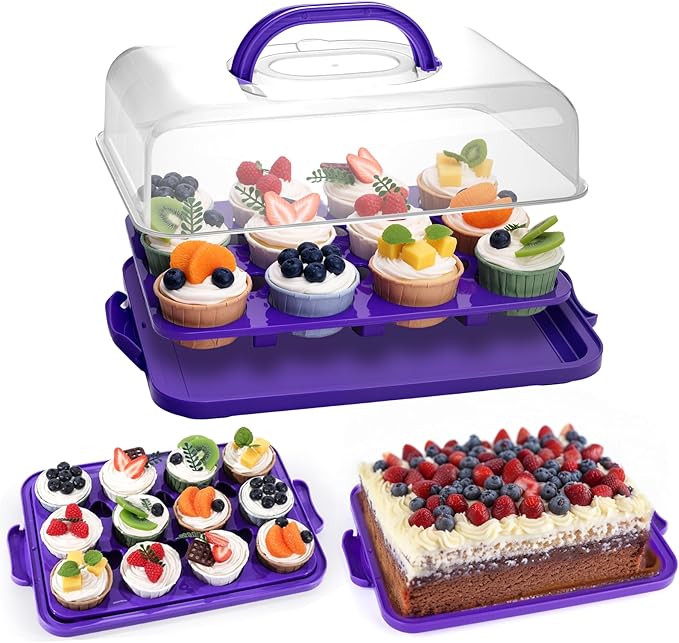 VGOODALL Cupcake Carrier, Rectangle Cake Plate with Lid, 12 Capacity Cup Cake Portable Container Dessert Holder with Handle for Family Picnics and Party Events, 2-in-1 Design, Purple