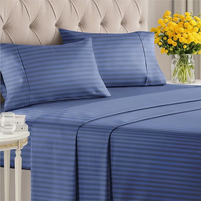 Striped Sheets - Blue Striped Sheets - 1 Flat & 1 Fitted & 2 Pillowcases w/ Deep Pockets – Comfy, Wrinkle & Fade Free - Ultra-Soft, Breathable & Cooling – Luxury Pinstripe Bedding - Queen Size Bed Set