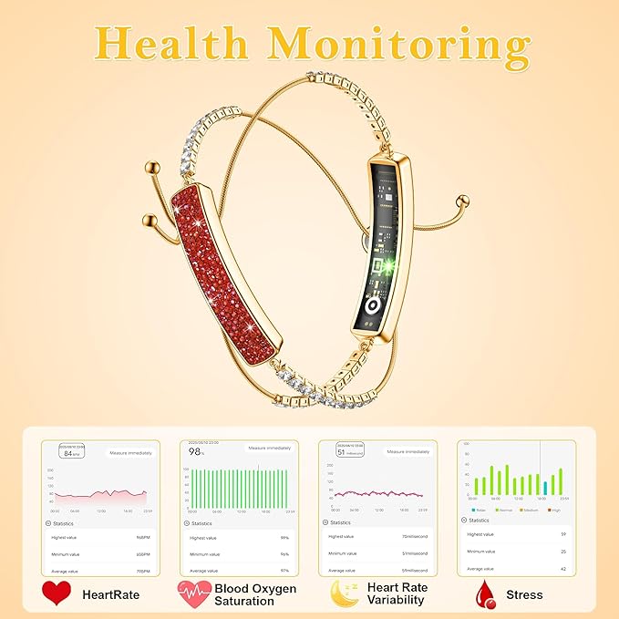 Smart Bracelet for Women, Jewelry Fitness Tracker with 2 Bands, Heart Rate & SPO₂ Monitor, Stress & Sleep Tracking, Step & Calorie Counter, 5ATM Waterproof for iOS & Android, No Subscription, Red
