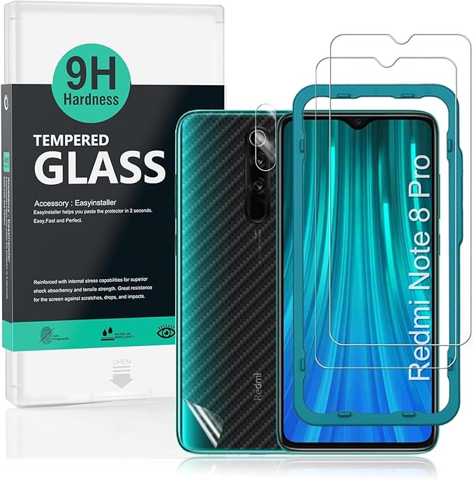 Ibywind Screen Protector For Redmi Note 8with 2Pcs Tempered Glass1Pc Camera Lens Protector1Pc Backing Carbon Fiber Film [Fingerprint ReaderEasy to install]