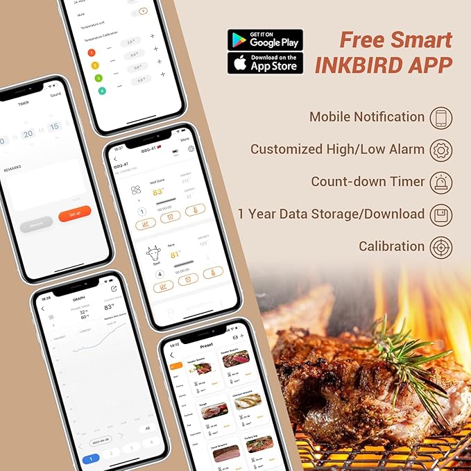 INKBIRD WiFi Meat Thermometer IBBQ-4T, Wireless BBQ Thermometer for Smoker