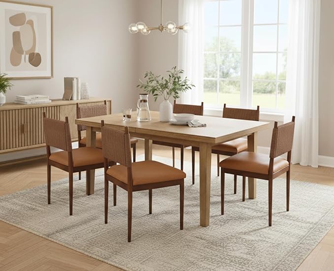 CIMOTA Brown Faux Leather Dining Chairs Set of 2, Mid Century Modern Upholstered Dining Room Chairs with Woven Back, Armless Kitchen Chairs with Walnut Solid Wood Legs, PU