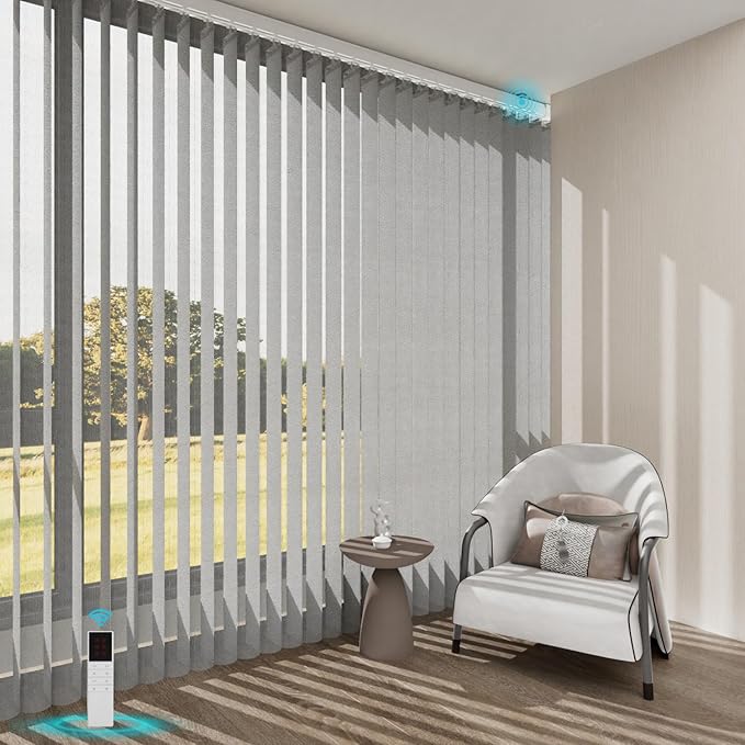Blindify Motorized Sheer Vertical Blinds, Light Filtering Smart Rechargeable Vertical Window Blinds for Sliding Glass Door Customize(Linen Dark Gray)