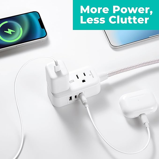KMC 2-Outlet Mini Surge Protector Power Strip, 1 USB-C & 2 USB-A Ports, 245J Surge Protection, 5ft Braided Cord, 3-Prong Low-Profile Flat Plug, UL/ETL Certified, White