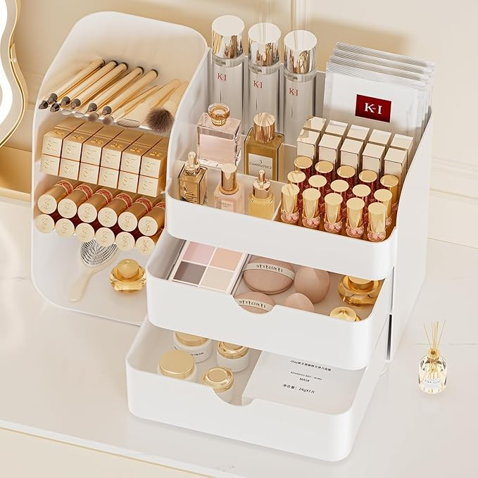 Makeup Organizer with Brush Holder for Vanity,Countertop Makeup Organizer with Drawers,Spacious Cosmetic Display Case,Perfect Storage Solution for Your Beauty Essential (All Cream, Large)