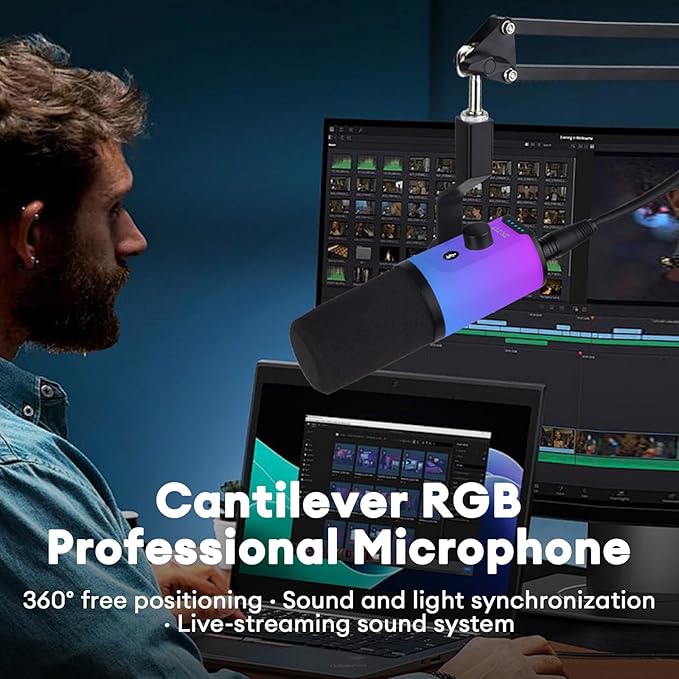 Gaming Microphone for PC, Streaming Mic with RGB Lighting, Mute & Gain Control, Boom Arm, Pop Filter, USB Condenser Gaming Mic for Podcasting, YouTube, Discord, PS4/PS5, Mac, Microfono Profesional (A)